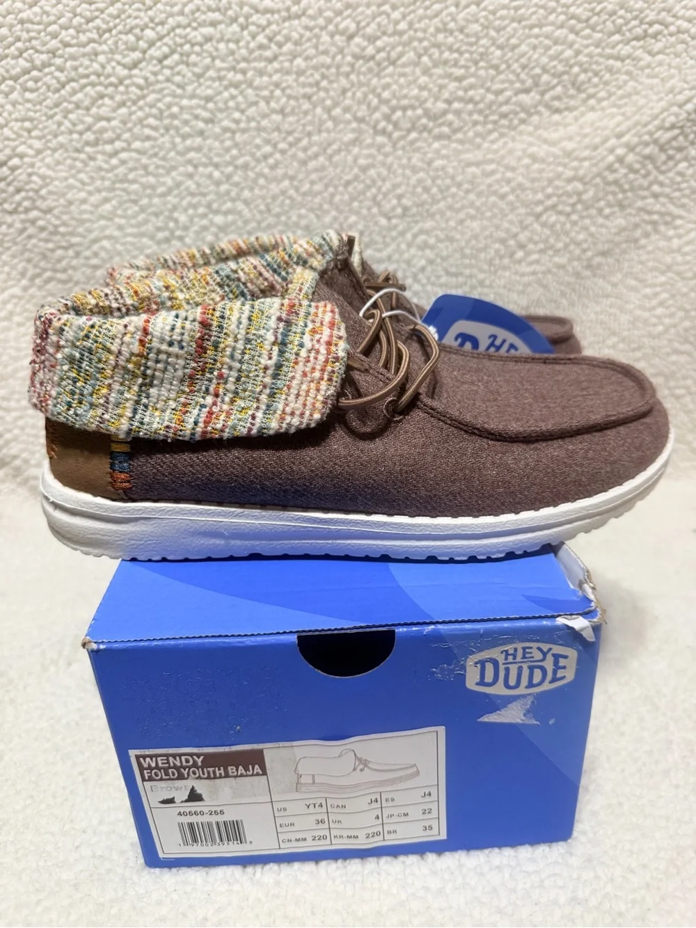 Hey Dude Wendy Fold Youth Shoes - Brown Upper with Multicolor Knit Cuff